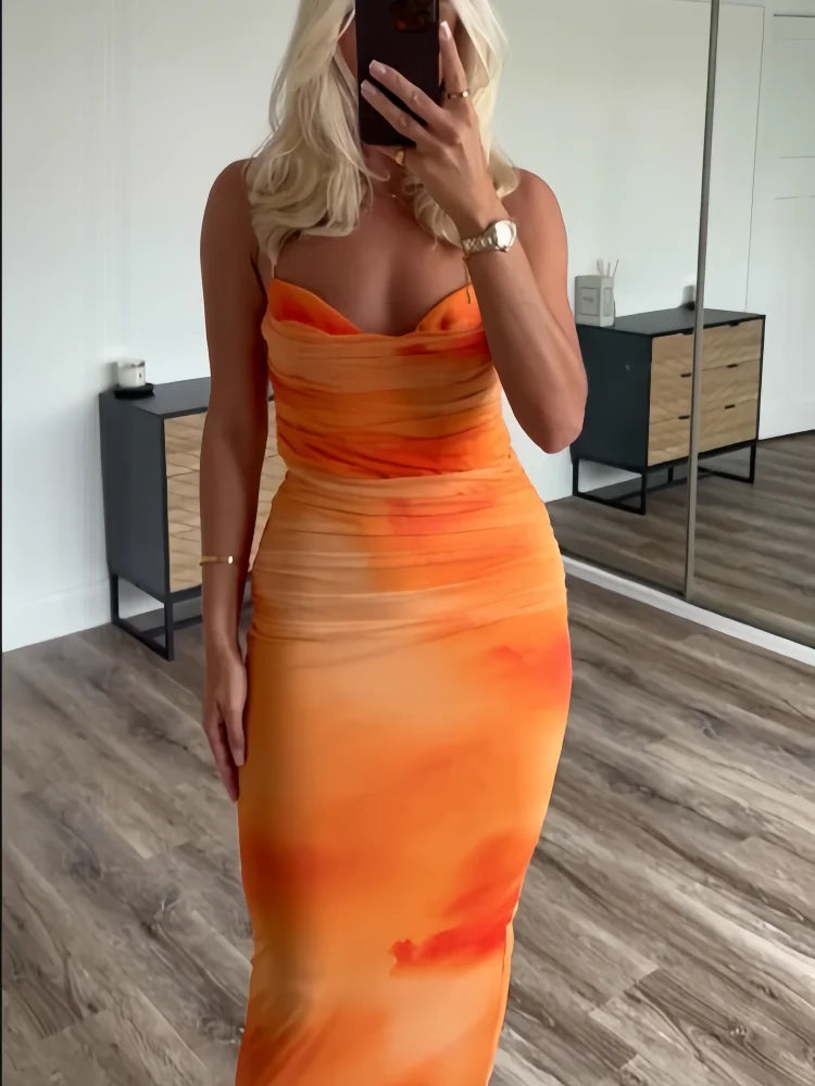PB&ZA 2024 Spring New Women's Fashionable and Stylish Style Slim Fit Folded Printed Silk Mesh Sling Dress
