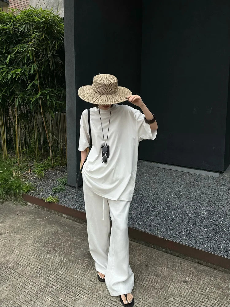 Slack Linen Wide-leg Pants Summer Loose Versatile Drawstring Straight White Casual Trousers Korean Fashion