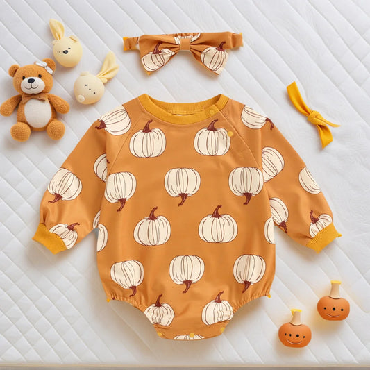 Pumpkin Baby Bodysuits Autumn Infants Cute Onesies Halloween Party Clothing with Headband