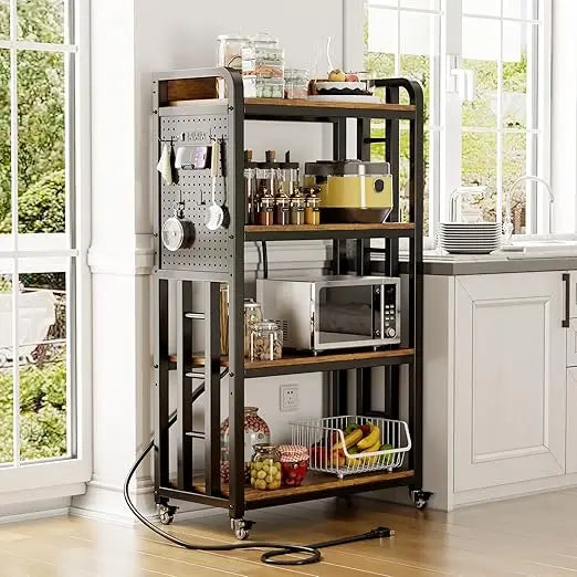 Kitchen Bakers Rack with Power Outlet,With pegboard Bakers Racks,Microwave Oven Stand with Storage 4 Tiers,microwave stand， for