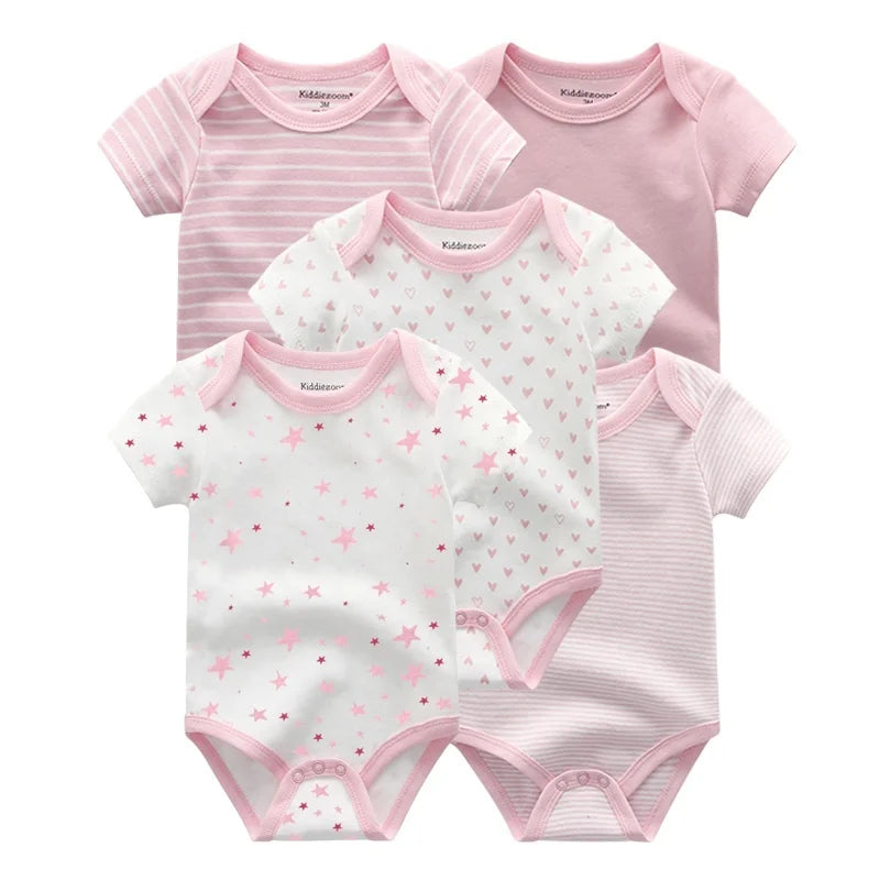 Kiddiezoom 5 Pcs/Lot Four Seasons Fashion Cartoon Short Sleeve Baby Boy Girl Bodysuits Soft 100%Cotton NewbornOnesies