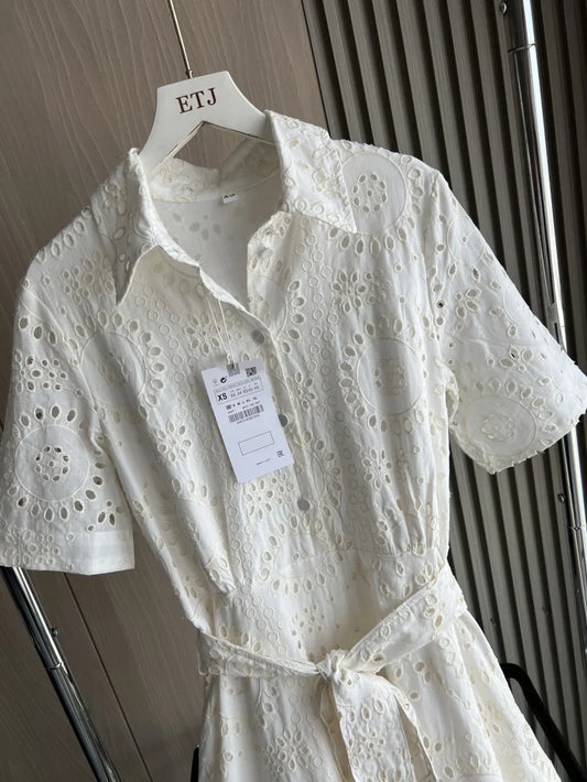 ETJ 2025 new TRAF women's elegant fashion hollow embroidery cotton shirt lapel short-sleeved dress temperament long skirt