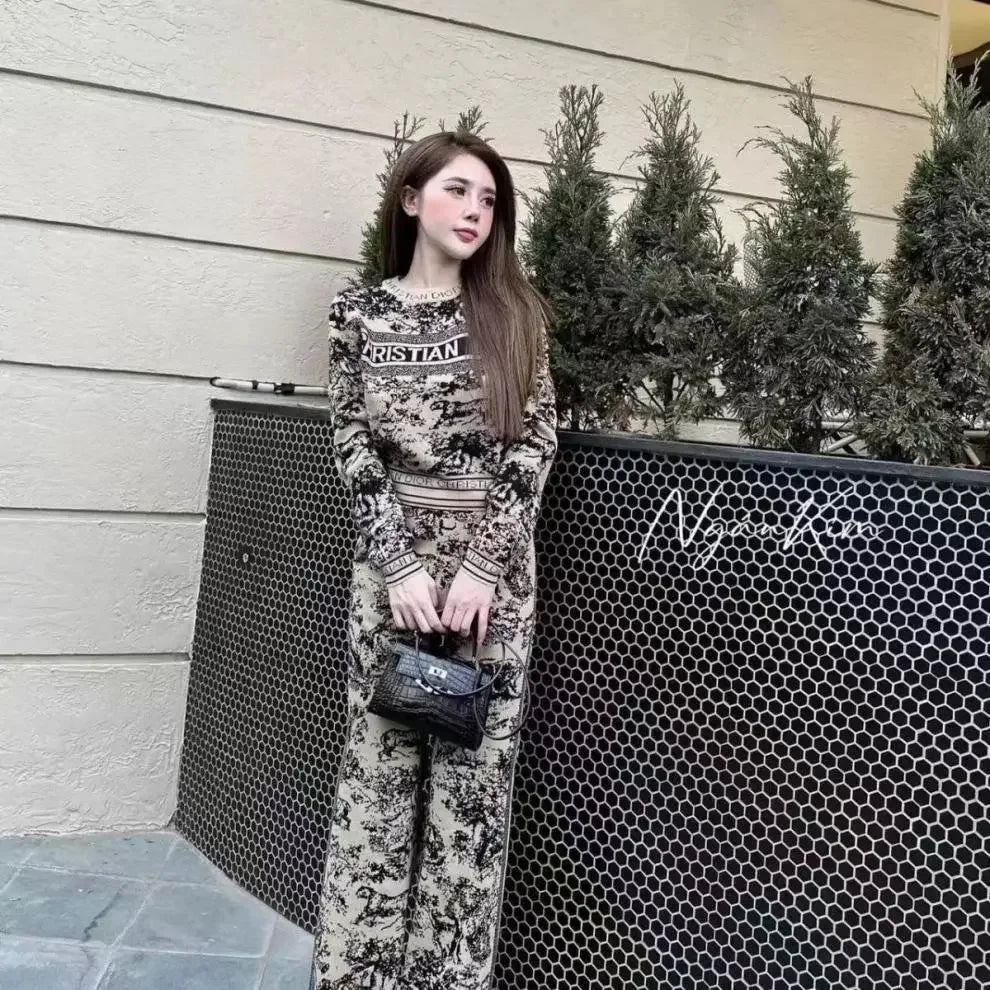 Autumn Winter Knitted Animal Pattern Wide Leg Pants Set round Neck Letter Print Two Piece Suite Elegant Fashionable Women's Wear