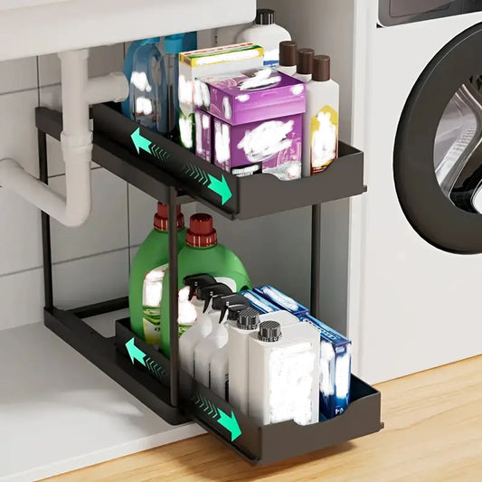 Double-Layer Pull-Out Kitchen Storage Rack, Non-Slip, Stable, Multi-Functional Storage Box with Five Hooks, under Sink Brush, Double-Layer Drawer Storage Rack, Suitable for Kitchen and Bathroom Countertop Sink Storage