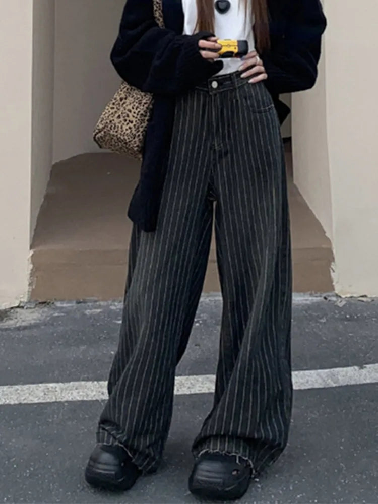 2024 Ropa Y2K Fashion Vintage Striped Wide Leg Baggy Jeans Pants For Women Clothes Straight Washed Black Casual Lady Trousers
