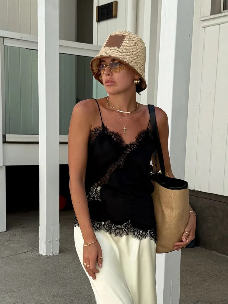 Y2K Sleeveless Backless Women Tank Tops Fashion Summer Lace Satin Patchwork Camisole Vest Chic New Evening Party Lady Top Street