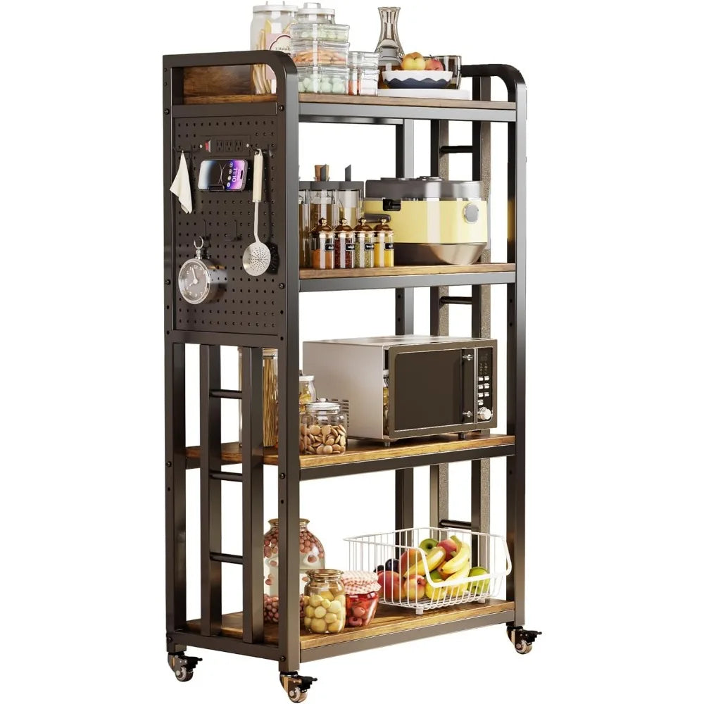Kitchen Bakers Rack with Power Outlet,With pegboard Bakers Racks,Microwave Oven Stand with Storage 4 Tiers,microwave stand， for