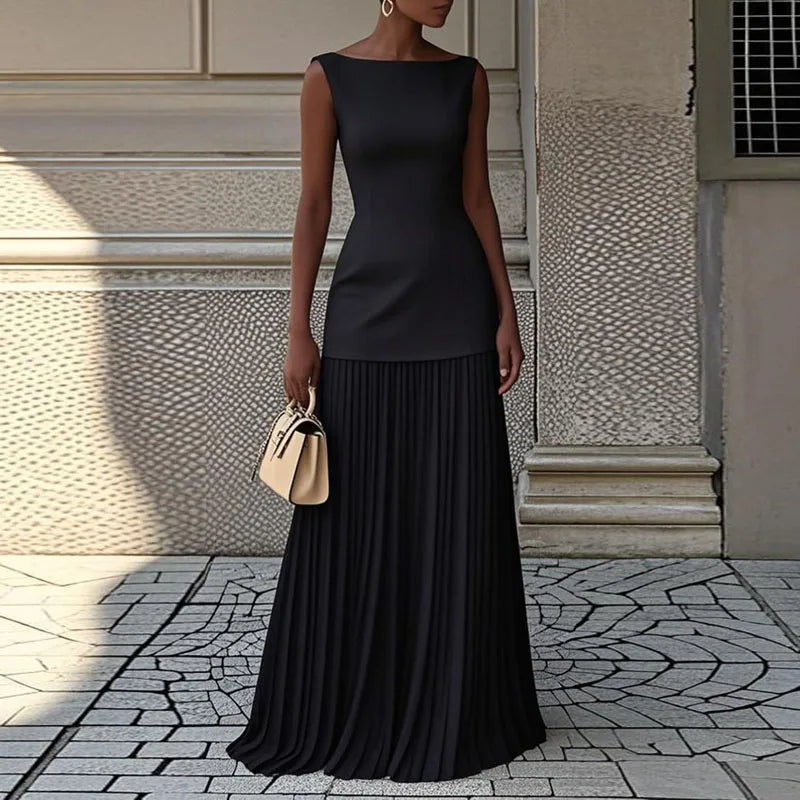 Fashion Sleeveless Long Dresses for Women Temperament O Neck Spliced Pleated Vestidos 2025 Vacation Party Evening Two Piece Set