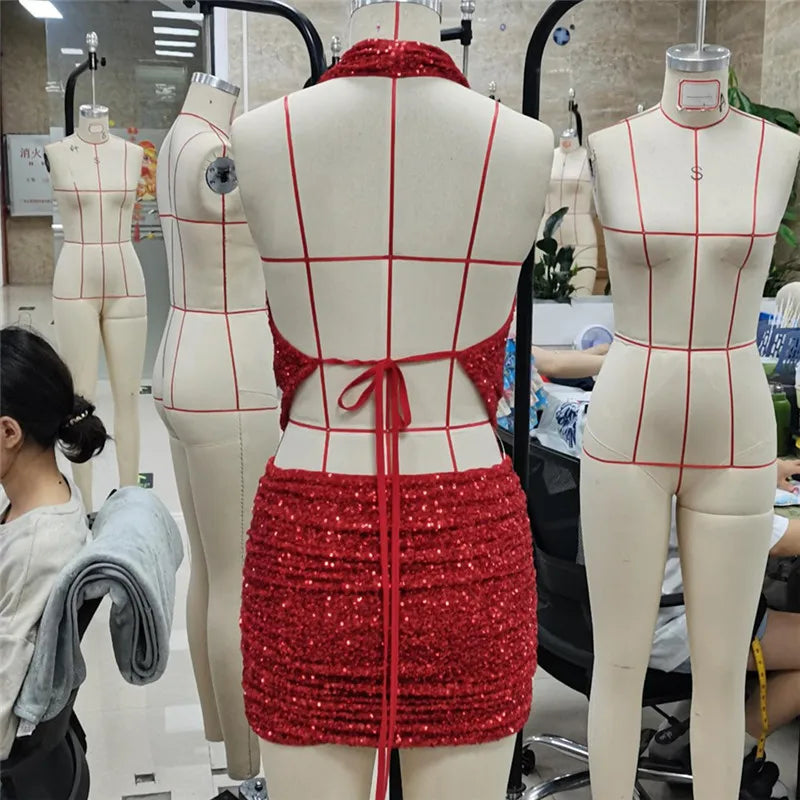 Sexy Sequin Skirts Sets Women Slim Halter Neck Backless Sleeveless Tops Mini Skirt Female 2025 Summer Fashion Beach Lady Sets