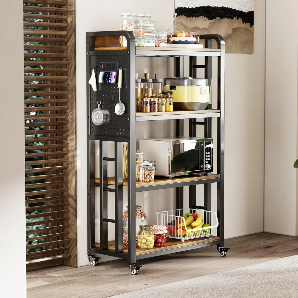 Kitchen Bakers Rack with Power Outlet,With pegboard Bakers Racks,Microwave Oven Stand with Storage 4 Tiers,microwave stand， for