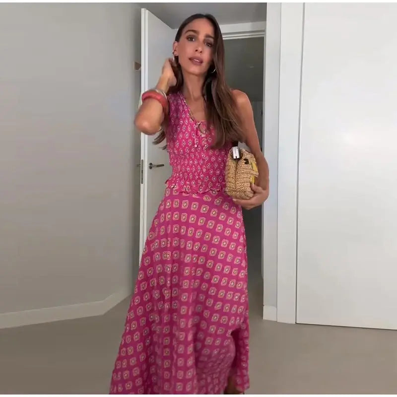 Casual Print Vest Long Skirts Suits Women Loose V Neck Lace Up Wrinkle Sets Female 2025 Summer New Fashion Chic Sets 2 Pieces