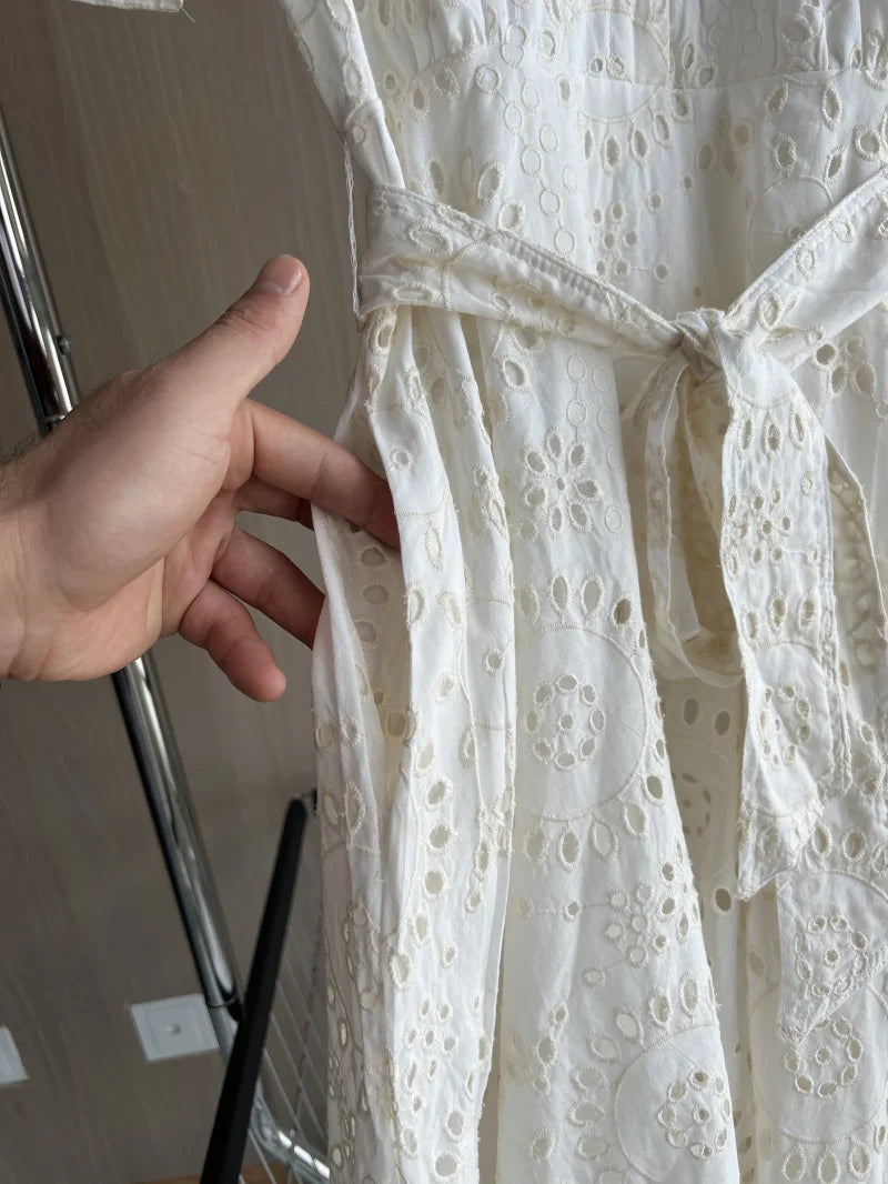 ETJ 2025 new TRAF women's elegant fashion hollow embroidery cotton shirt lapel short-sleeved dress temperament long skirt