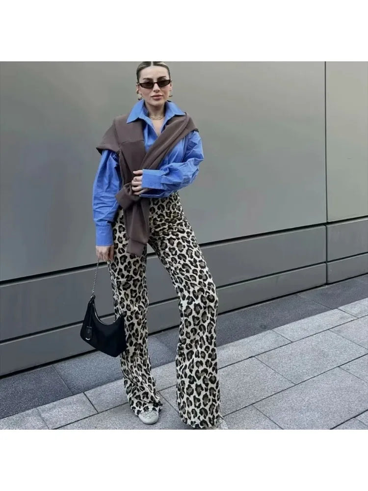 Women's Fashion and Casual Versatile Animal Print Straight Leg Pants Decorated Street Trousers Women's Slim Fit Zipper Trousers