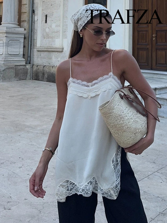 TRAFZA Female Summer New Fashion V-neck Lace Spliced Split Sling Top Women Elegant Sexy Backless Party Style Casual Camisole Top