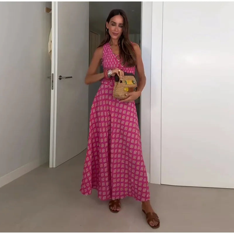 Casual Print Vest Long Skirts Suits Women Loose V Neck Lace Up Wrinkle Sets Female 2025 Summer New Fashion Chic Sets 2 Pieces