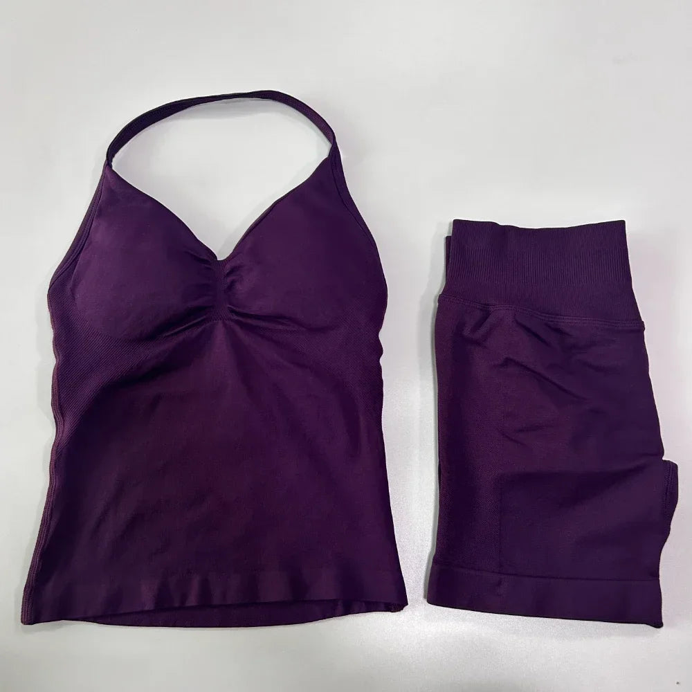 2 sets of sportswear, peach-bottomed shorts set, drawstring top, seamless impact tight shorts, yoga outfit, fitness set
