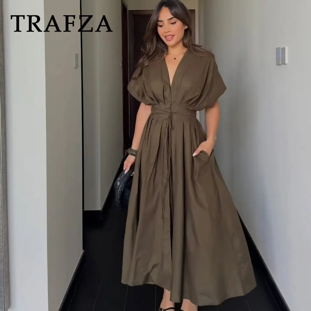 TRAFZA 2025 Spring Summer Vintage Women Dresses Fashion Single Breasted Sashes Draped V Neck Sleeveless Solid Ladies Dresses