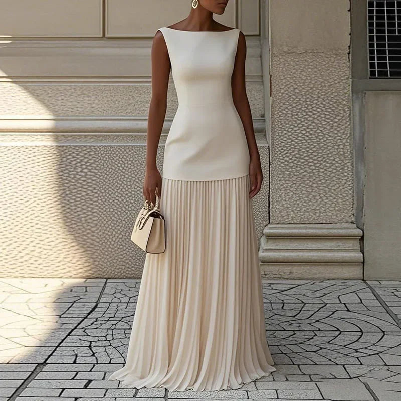 Fashion Sleeveless Long Dresses for Women Temperament O Neck Spliced Pleated Vestidos 2025 Vacation Party Evening Two Piece Set