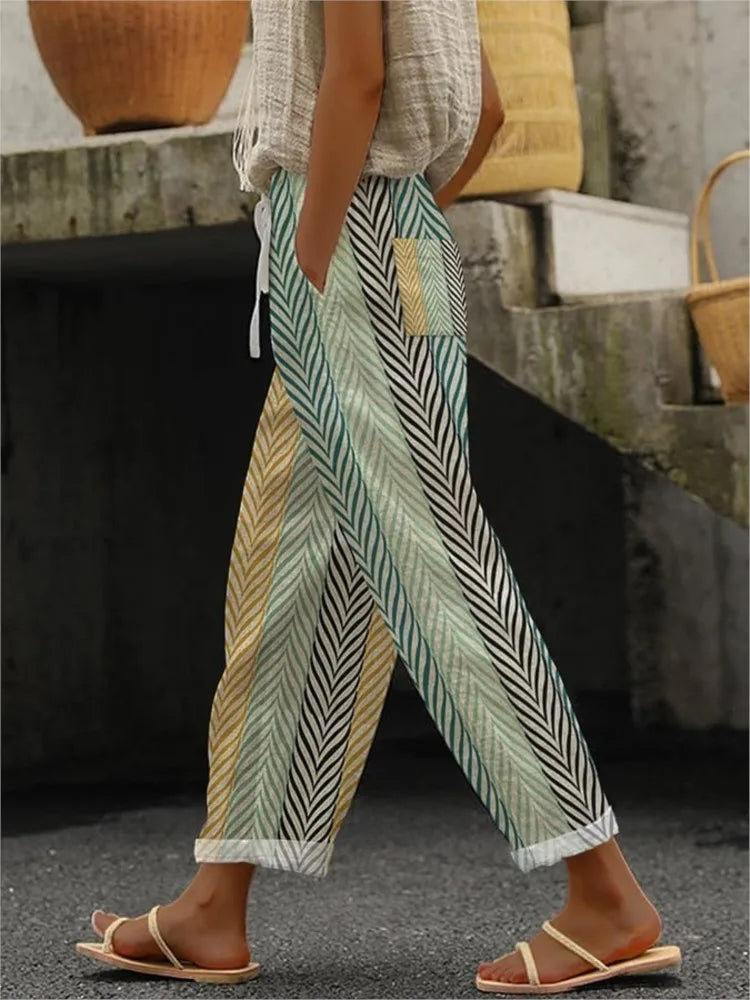 Casual Print Ankle-Length Pants For Women Fashion Mid Waist Straight Pants Lady Holiday Boho Beach Womens Clothing Spring New