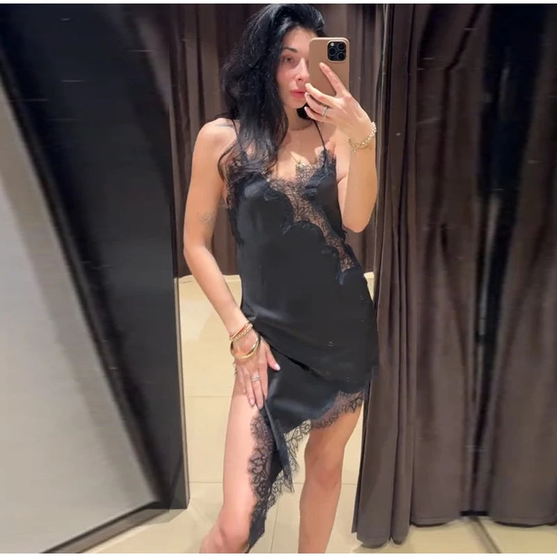 Sexy Sling Satin Dress Women V Neck Backless Patchwork Lace Vestidos Female 2025 Summer Chic Fashion Evening Party Dresses