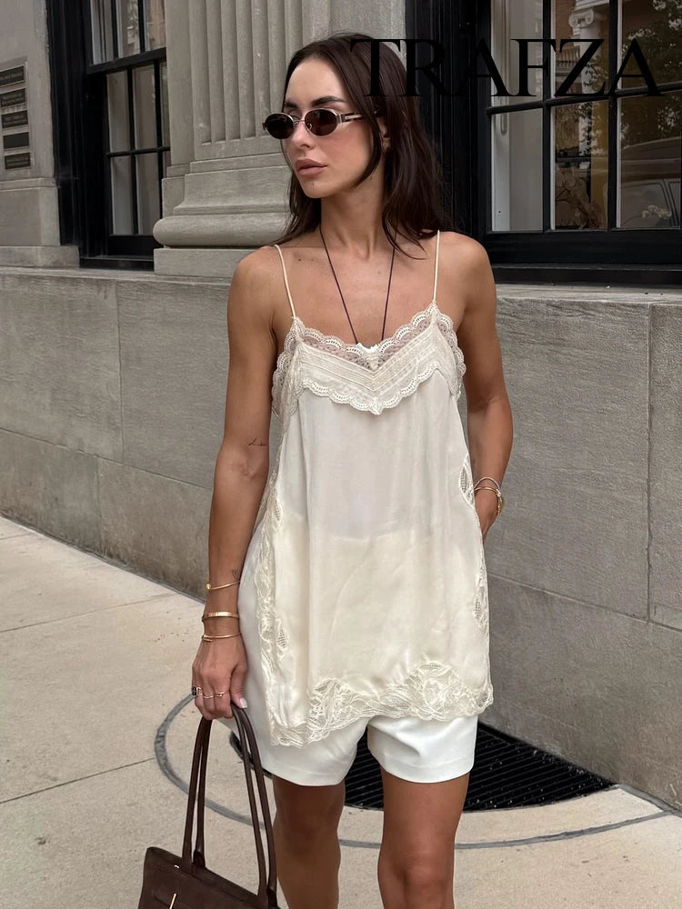 TRAFZA Female Summer New Fashion V-neck Lace Spliced Split Sling Top Women Elegant Sexy Backless Party Style Casual Camisole Top