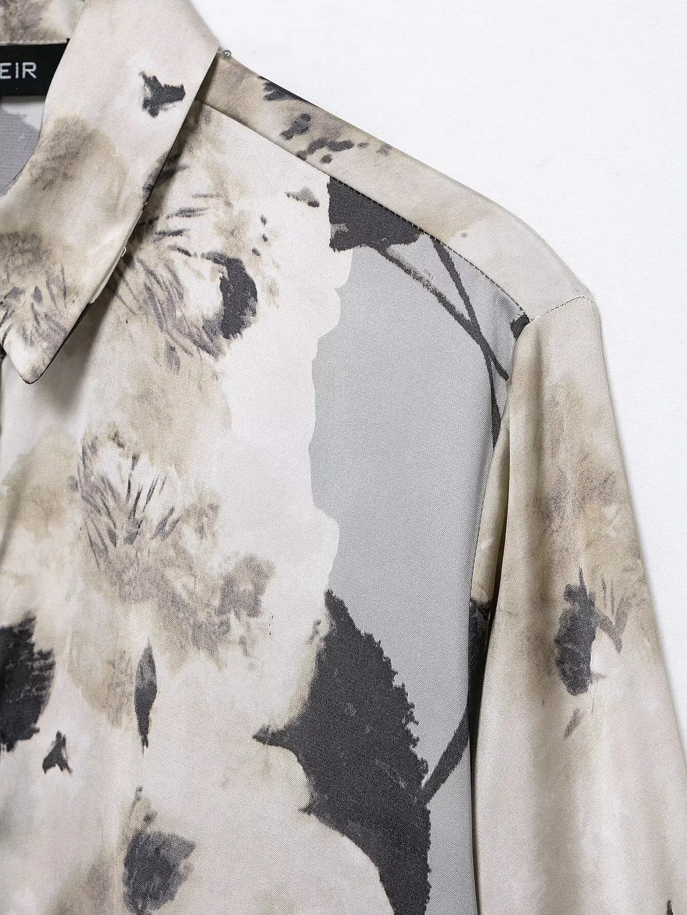 TRAFZA Women 2025 Spring Fashion Silk Satin Texture Long Sleeve Printed Shirt Button Midi Skirt Suit Female Printed Set