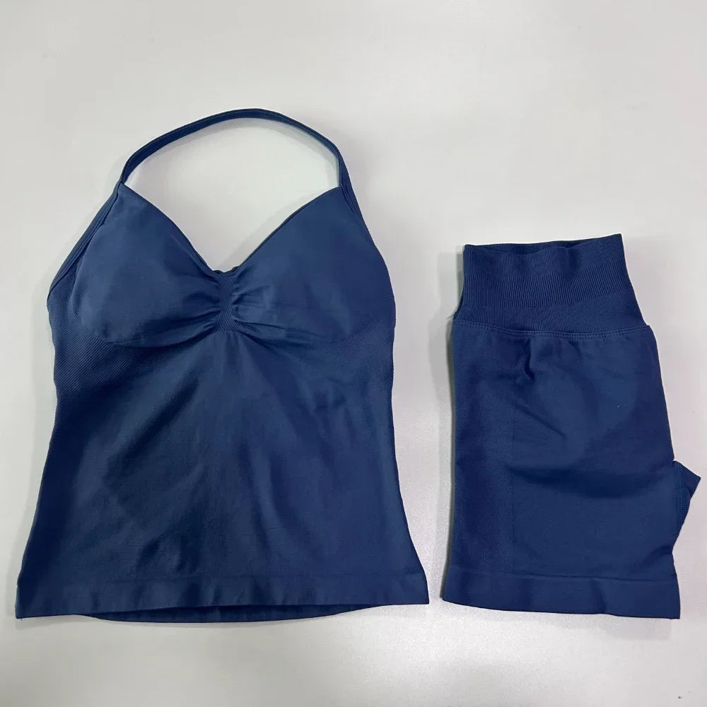 2 sets of sportswear, peach-bottomed shorts set, drawstring top, seamless impact tight shorts, yoga outfit, fitness set