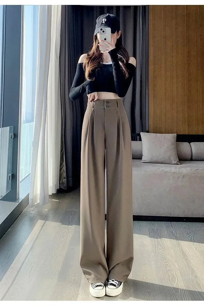 Elegant Wide Leg Pants Women Korean Style High Waist Black Baggy Pants Office Ladies Fashion Loose Suit Trousers Streetwear