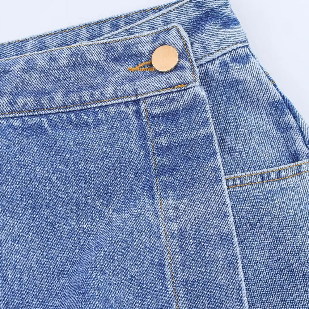 TRAF Women's Short Lapel Denim Shirt + Irregular Fashion Short Skirt Pants Vintage Casual Denim Suit Commuter High Street Suit