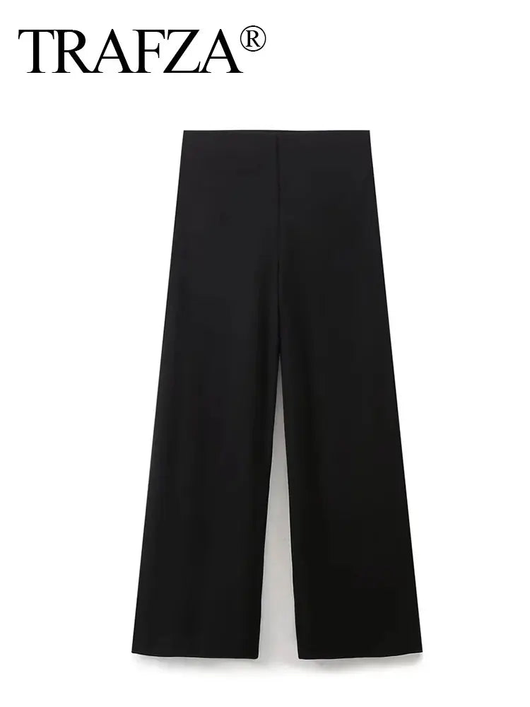 TRAFZA Women Fashion Vintage Solid Wide Leg Pants Elastic Waist Loose Casual Trousers For Woman 2024 Basic Pant