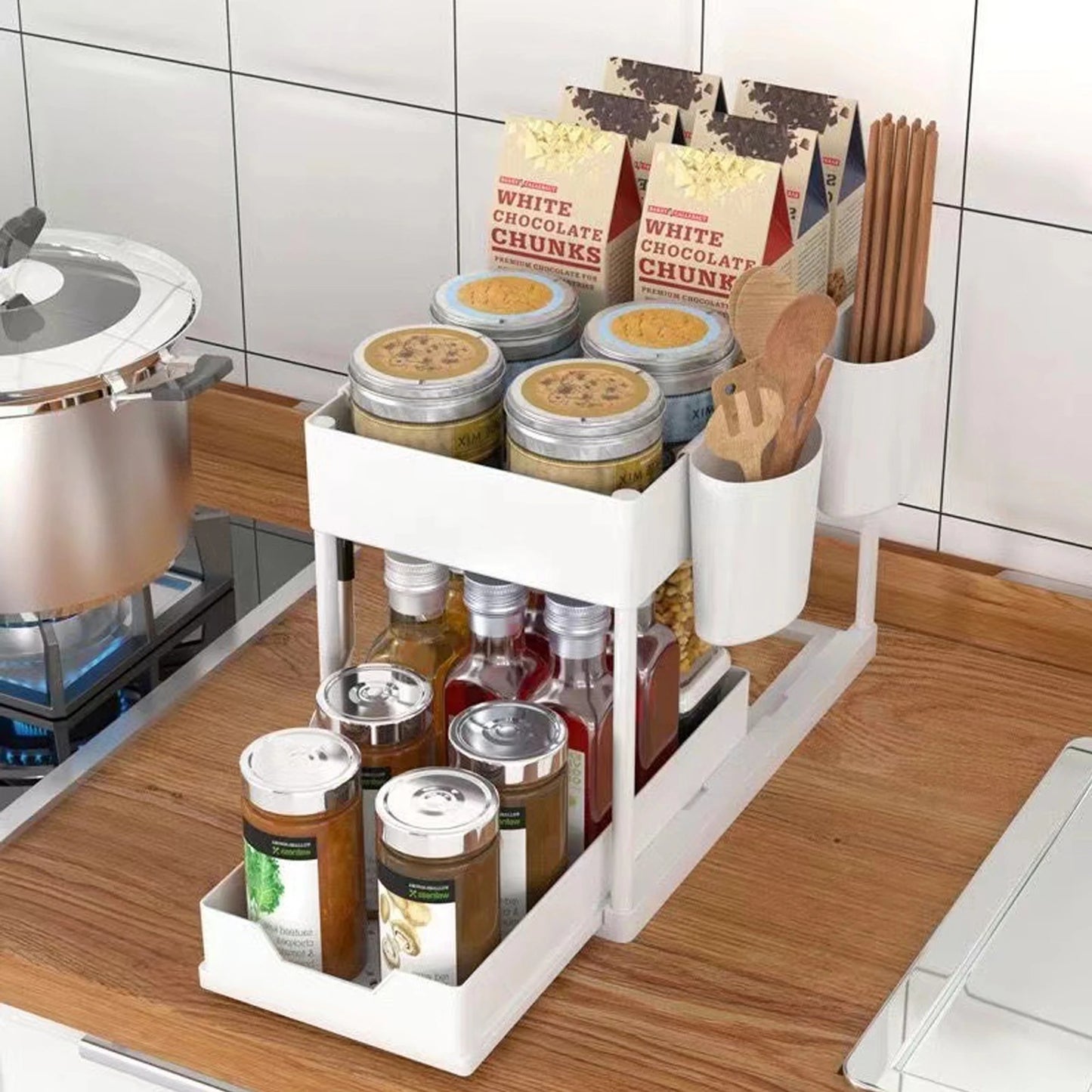 Double-Layer Pull-Out Kitchen Storage Rack, Non-Slip, Stable, Multi-Functional Storage Box with Five Hooks, under Sink Brush, Double-Layer Drawer Storage Rack, Suitable for Kitchen and Bathroom Countertop Sink Storage