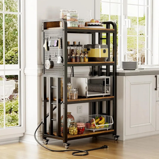 Kitchen Bakers Rack with Power Outlet,With pegboard Bakers Racks,Microwave Oven Stand with Storage 4 Tiers,microwave stand， for