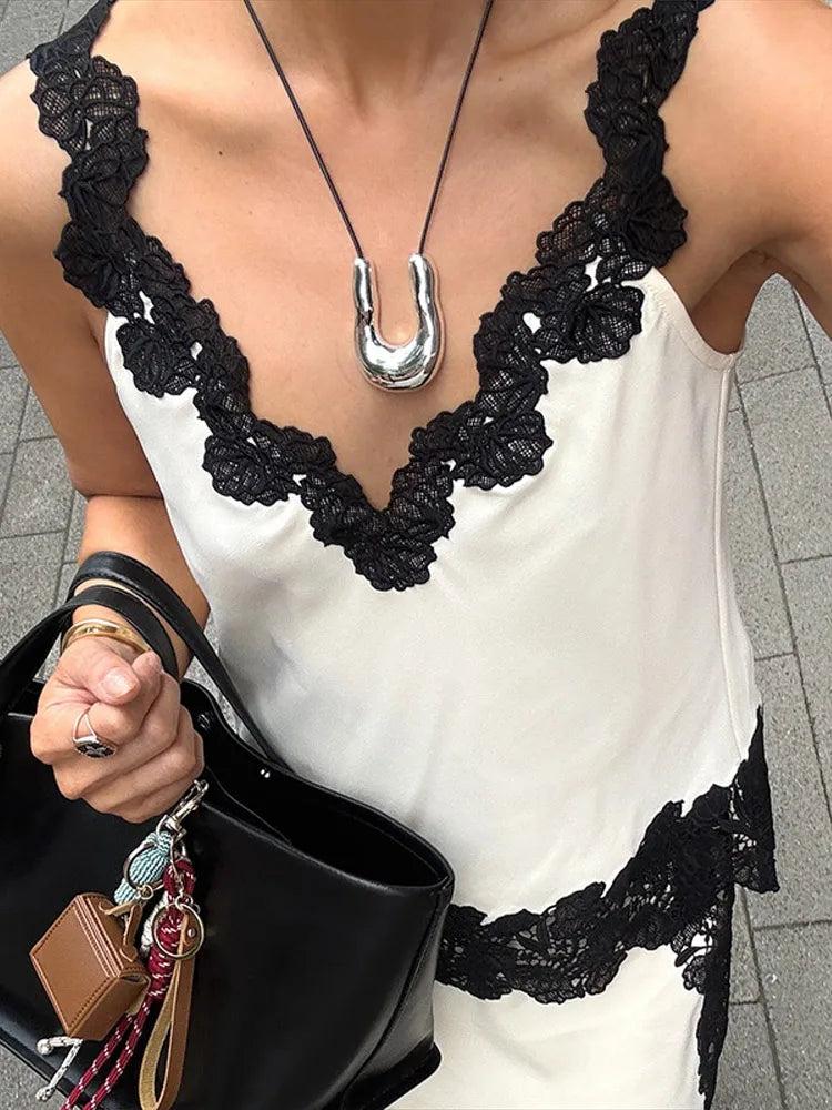 Lace Patchwork Vest Slit Skirts 2 Piece Set Woman V-Neck Sleeveless Sexy Tops Hollow Slim High Waist Skirt Fashion Out Suits