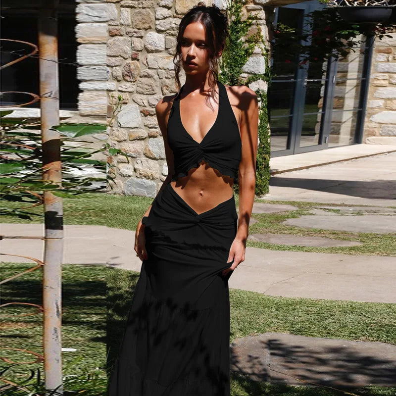 Cryptographic Elegant Two Piece Sets Sleeveless Frill Halter Twist Top Dress Sets Outfits Fashion Co-ord Sets Coquette Clothes