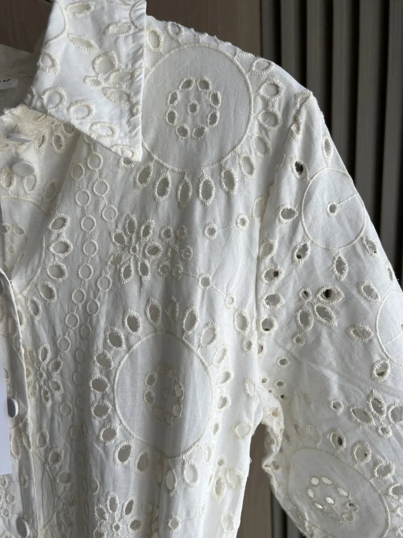 ETJ 2025 new TRAF women's elegant fashion hollow embroidery cotton shirt lapel short-sleeved dress temperament long skirt