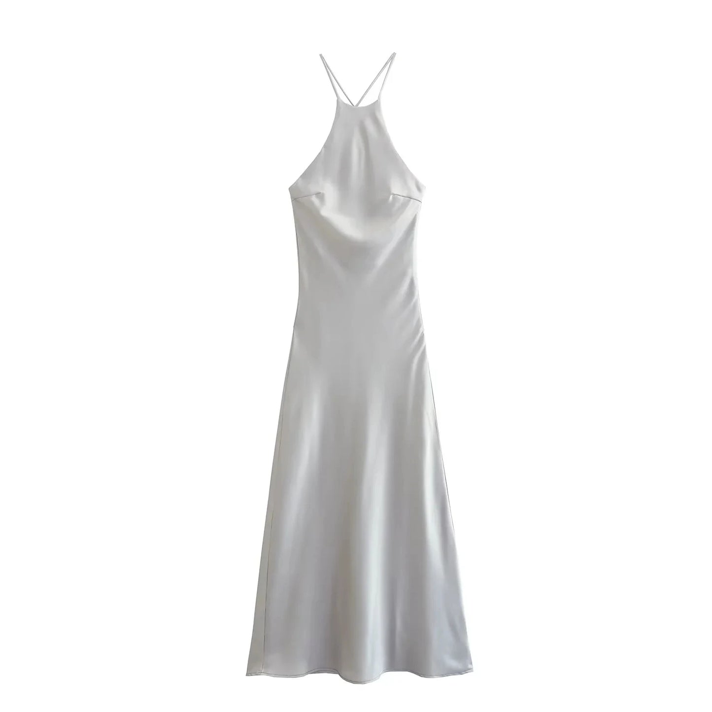 TRAFZA 2024 Women Fashion Sexy Backless Solid Green Satin Dress Sleeveless Halter Neck Slim Dress Eveninig Party Mujer Vestidos