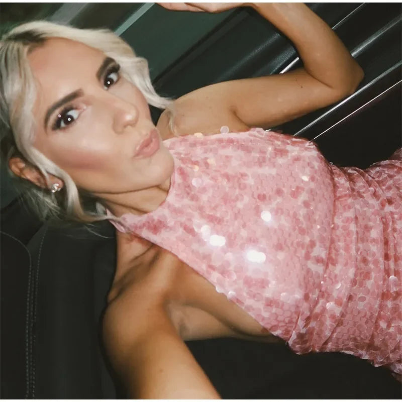 Halter Sequin Mini Dresses Sexy Sleeveless Backless Women Party Gown Fashion Solid Color Shiny Hanging Neck Beach Short Dresses