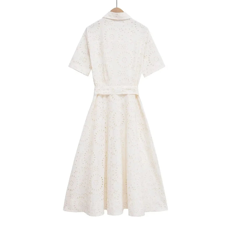 ETJ 2025 new TRAF women's elegant fashion hollow embroidery cotton shirt lapel short-sleeved dress temperament long skirt