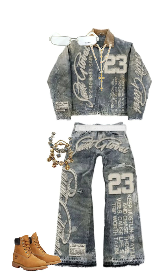 American Mens Womens Washed Denim Jackets and Jeans Two Piece Y2K Clothes Letter Patch Embroidery Rhinestone Casual Denim Suits