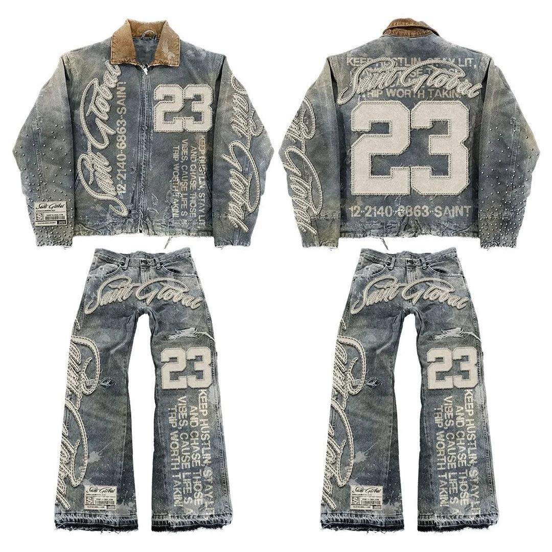 American Mens Womens Washed Denim Jackets and Jeans Two Piece Y2K Clothes Letter Patch Embroidery Rhinestone Casual Denim Suits