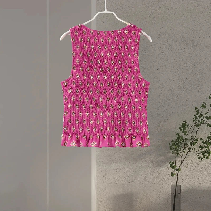 Casual Print Vest Long Skirts Suits Women Loose V Neck Lace Up Wrinkle Sets Female 2025 Summer New Fashion Chic Sets 2 Pieces