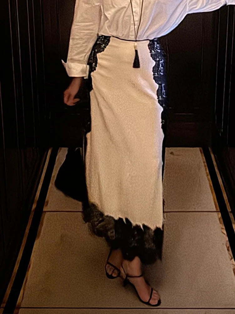 Lace Patchwork Vest Slit Skirts 2 Piece Set Woman V-Neck Sleeveless Sexy Tops Hollow Slim High Waist Skirt Fashion Out Suits