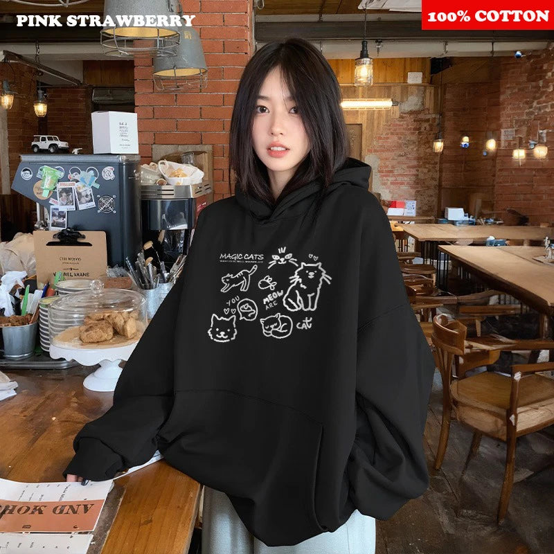 Cute Cat Print Hoodies Women Autumn Winter 2025 New Fashion Street Loose Casual Kangaroo Pouch Sweatshirt Y2K Top kawaii clothes