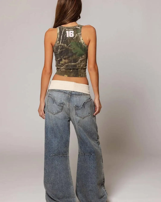 Y2K Hip-hop Stitching Fashion Joker Retro Jeans Female Korean Casual Simple Dress Essential Wide-leg Pants Loose  Joker Overalls