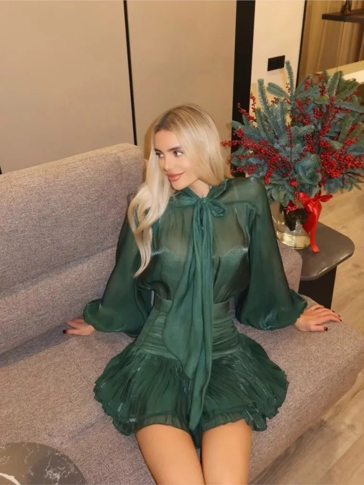 Bow Lace Up Top Pleated Short Skirt Two Piece Sets Casual Fashion Shirt Glitter Blouse High Waist Half Skirts Women's Clothing