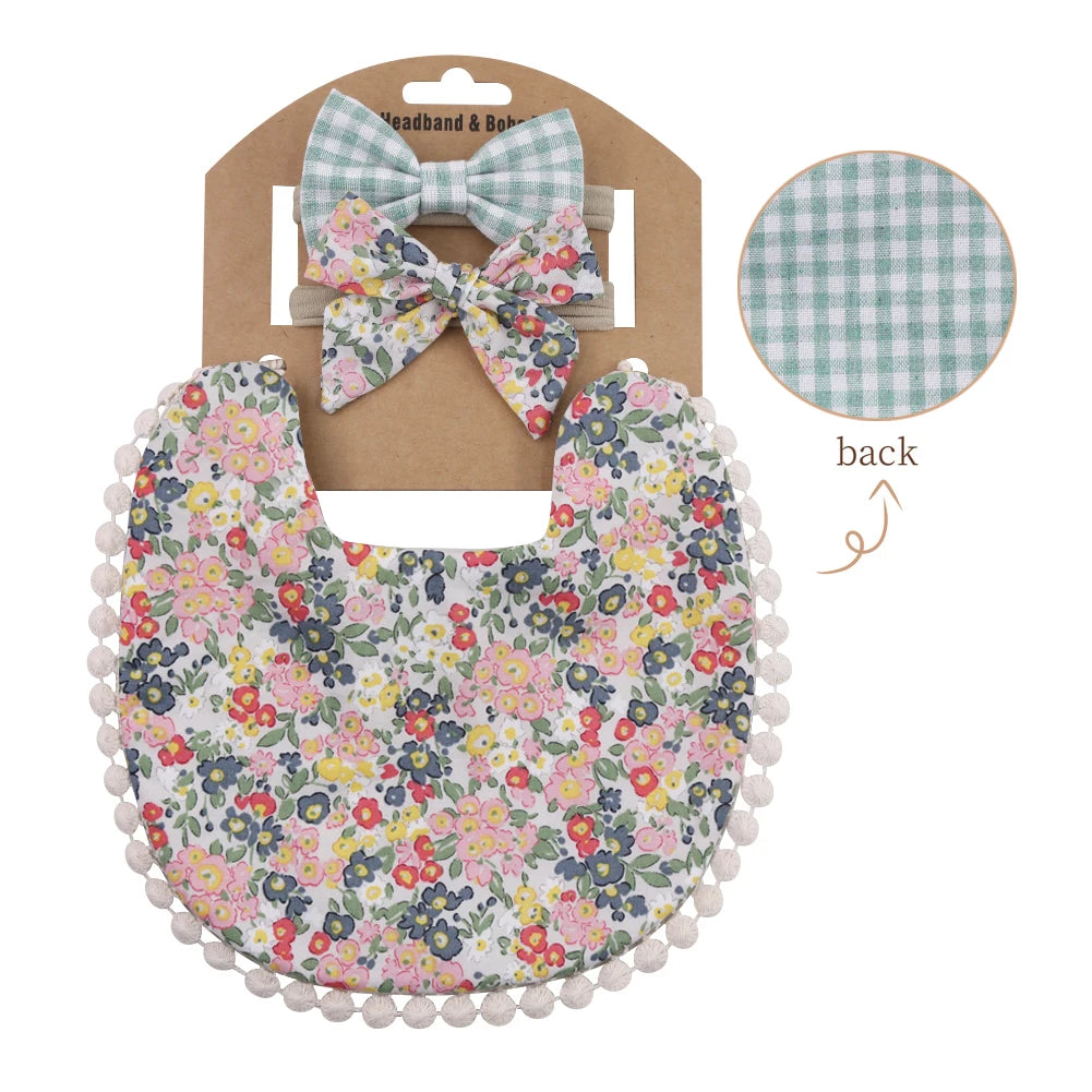 3Pcs/Set Flower Print Cotton Linen Baby Boy Girl Bibs Elastic Nylon Headband Double-Deck Saliva Towel Feeding Bandana Apron Burp