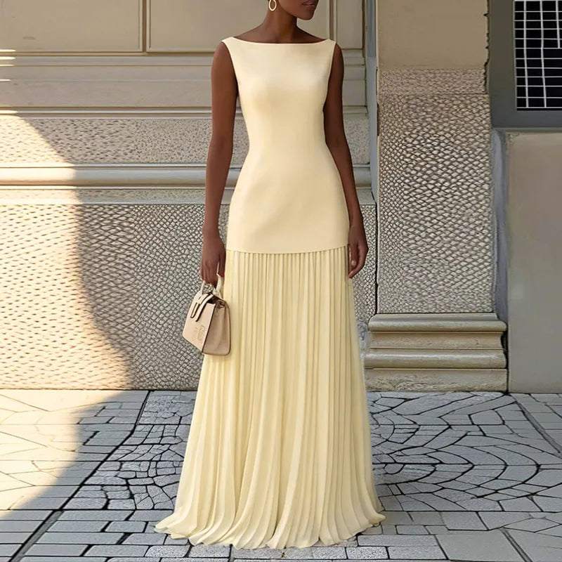 Fashion Sleeveless Long Dresses for Women Temperament O Neck Spliced Pleated Vestidos 2025 Vacation Party Evening Two Piece Set