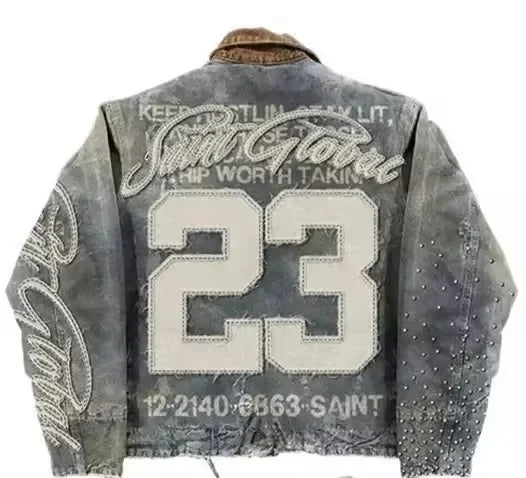 American Mens Womens Washed Denim Jackets and Jeans Two Piece Y2K Clothes Letter Patch Embroidery Rhinestone Casual Denim Suits