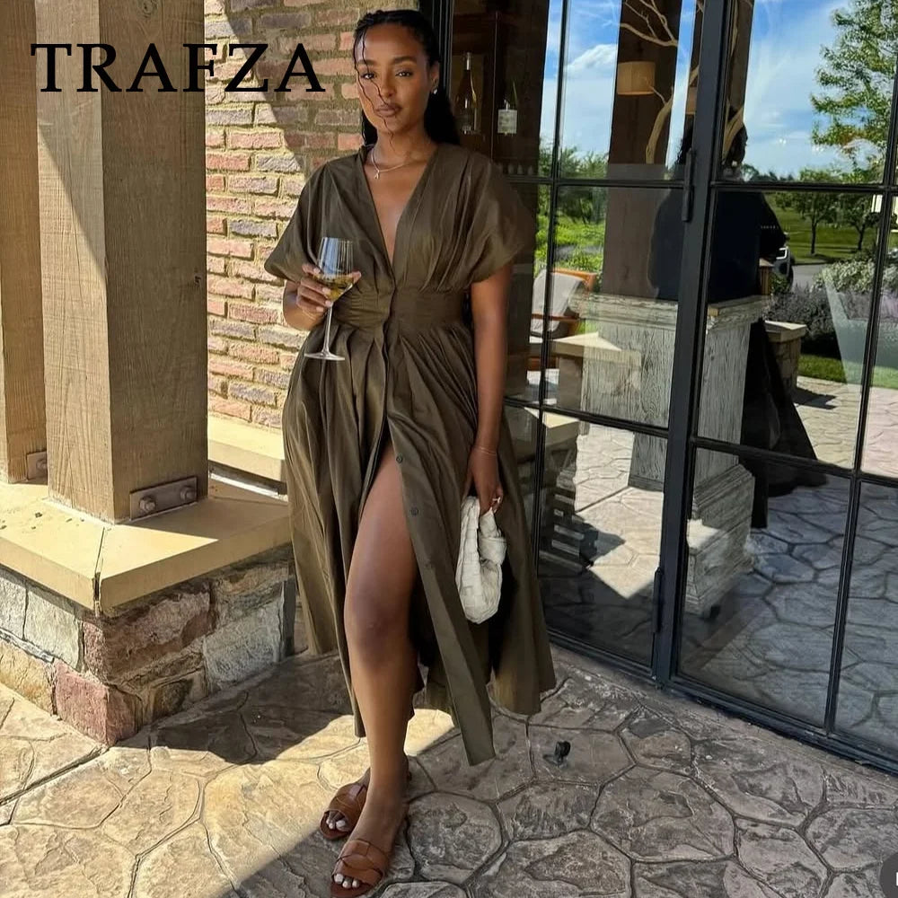 TRAFZA 2025 Spring Summer Vintage Women Dresses Fashion Single Breasted Sashes Draped V Neck Sleeveless Solid Ladies Dresses