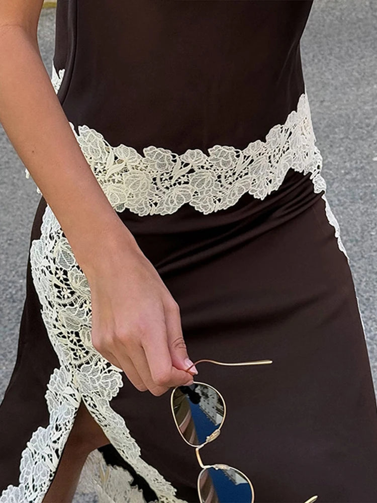 Lace Patchwork Vest Slit Skirts 2 Piece Set Woman V-Neck Sleeveless Sexy Tops Hollow Slim High Waist Skirt Fashion Out Suits